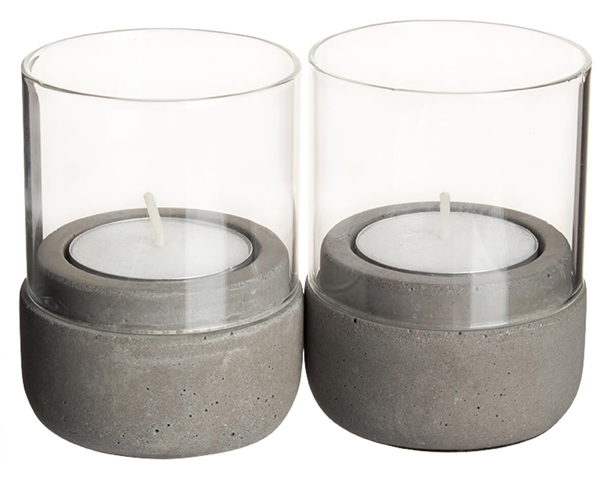 Wind light / tealight holder - concrete and glass (set of 2)