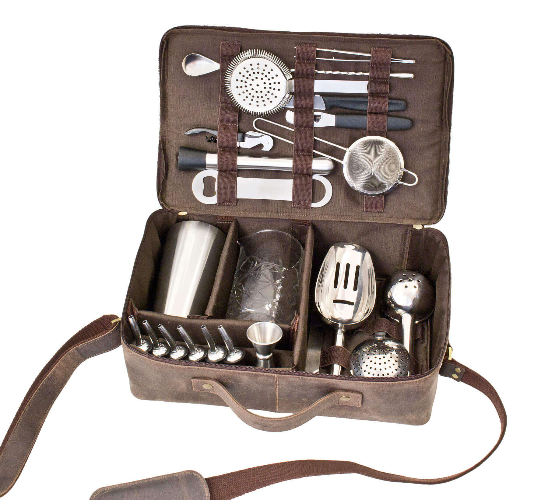 Bartender kit, Prime Bar - brown leather bag with bar tools (deluxe)