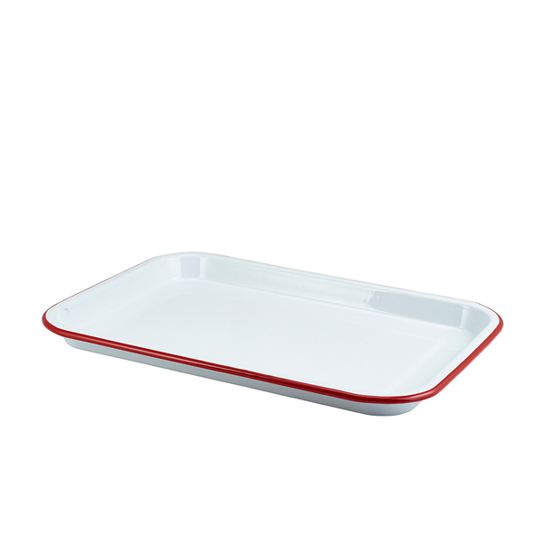 Enamel plate rectangular, white with red rim - 33,5x23,5x2,2cm Enamel plate rectangular, white with red rim - 33,5x23,5x2,2cm