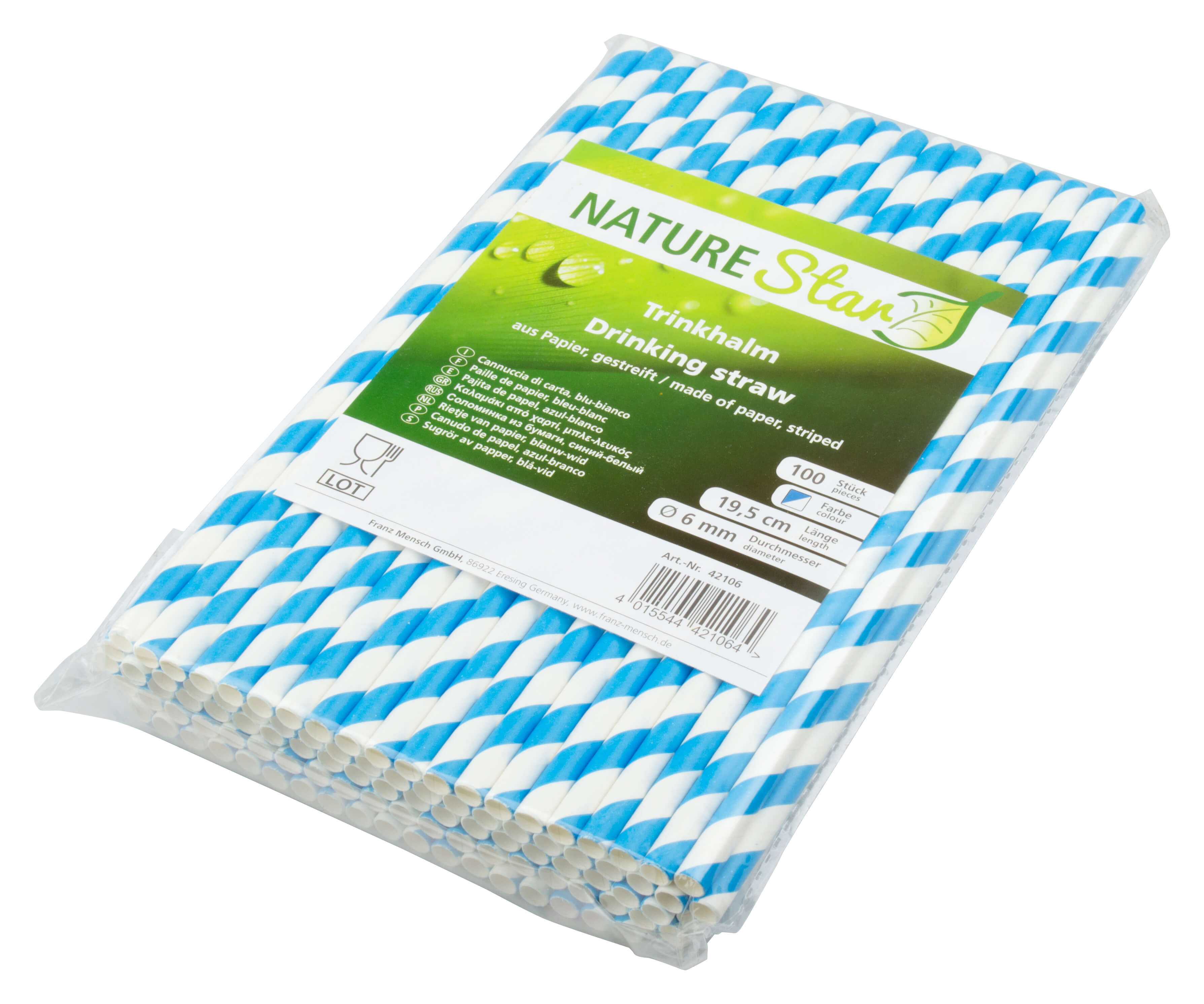 Drinking Straws, Paper (6x195mm) - light blue striped (100 pcs.)