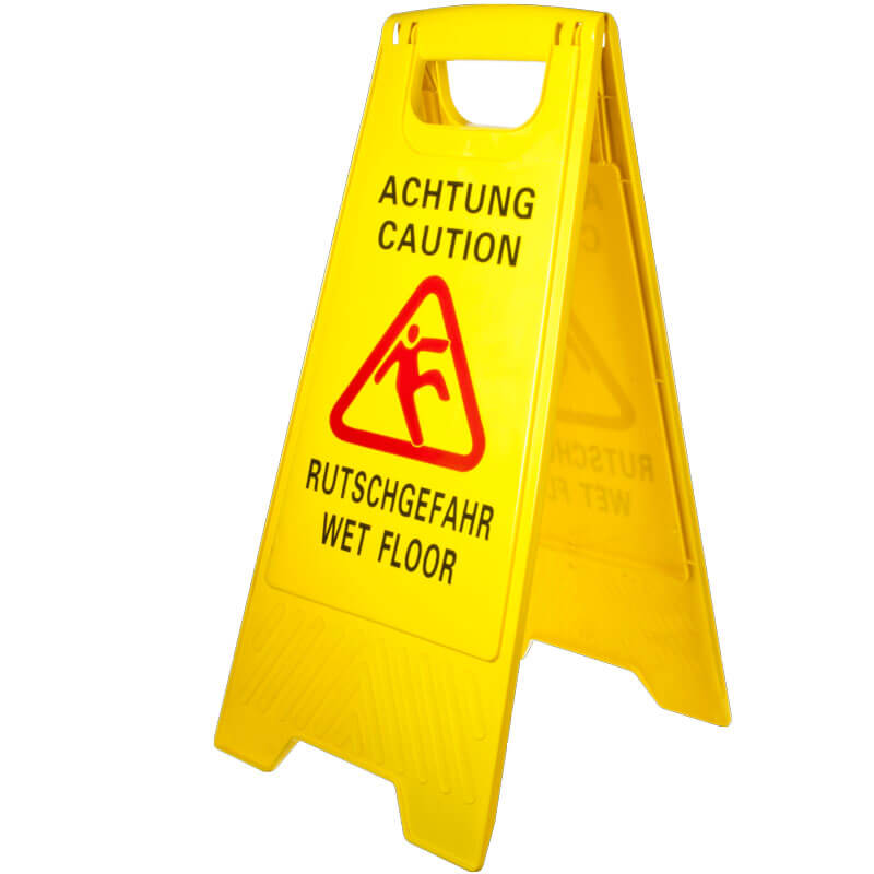 Warning label for wet floors (GER, EN)