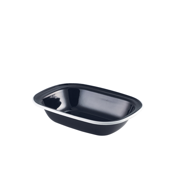 Enamel bowl rectangular, black with white rim - 20 x 15 x 4,5 cm (12 pcs.) Enamel bowl rectangular, black with white rim - 20 x 15 x 4,5 cm (12 pcs.)