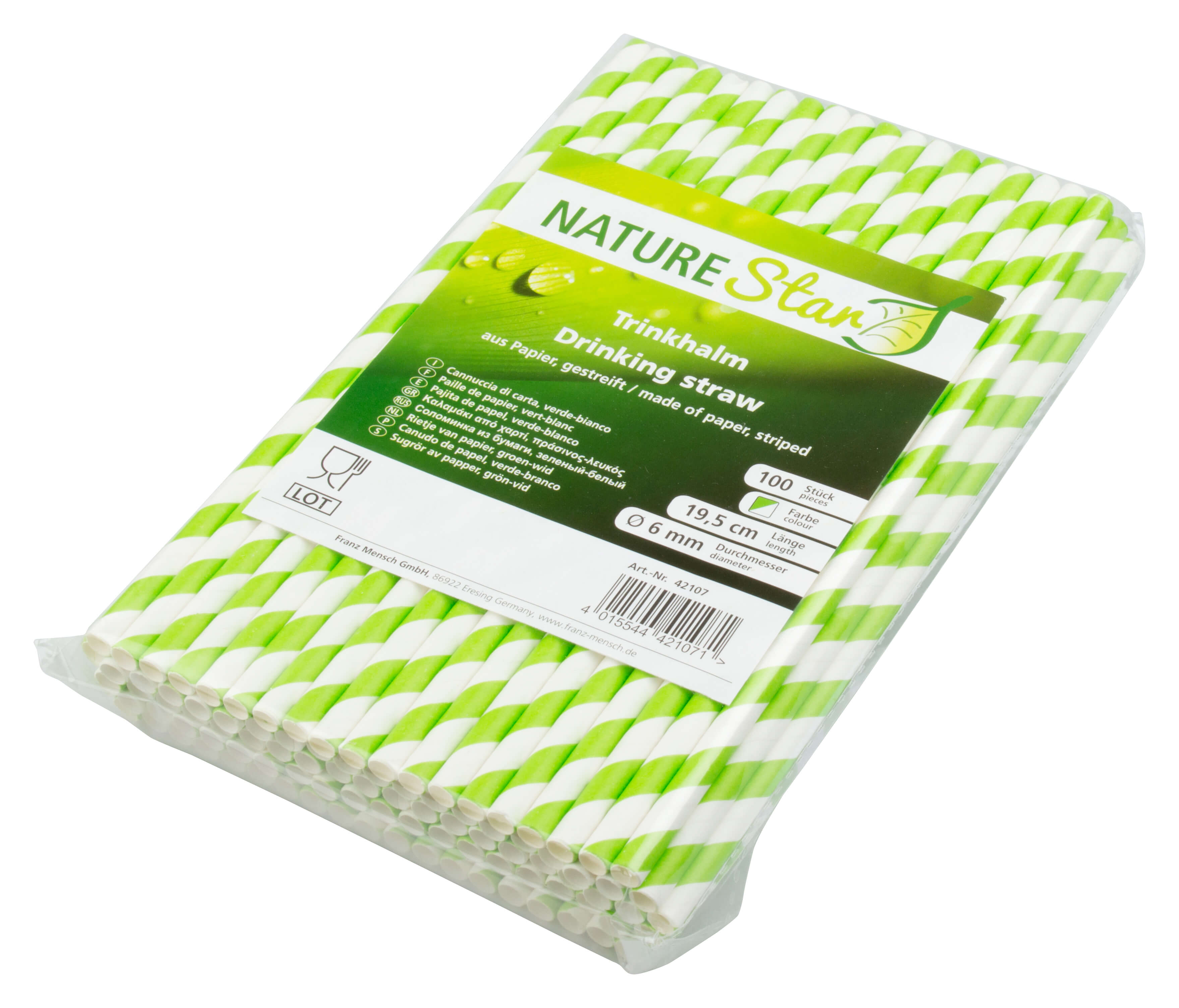 ECO Drinking straws, paper (195x6mm), stripes (green-white) - 100 pcs.