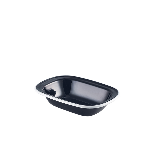 Enamel bowl rectangular, black with white rim - 18 x 13,5 x 4 cm (12 pcs.) Enamel bowl rectangular, black with white rim - 18 x 13,5 x 4 cm (12 pcs.)