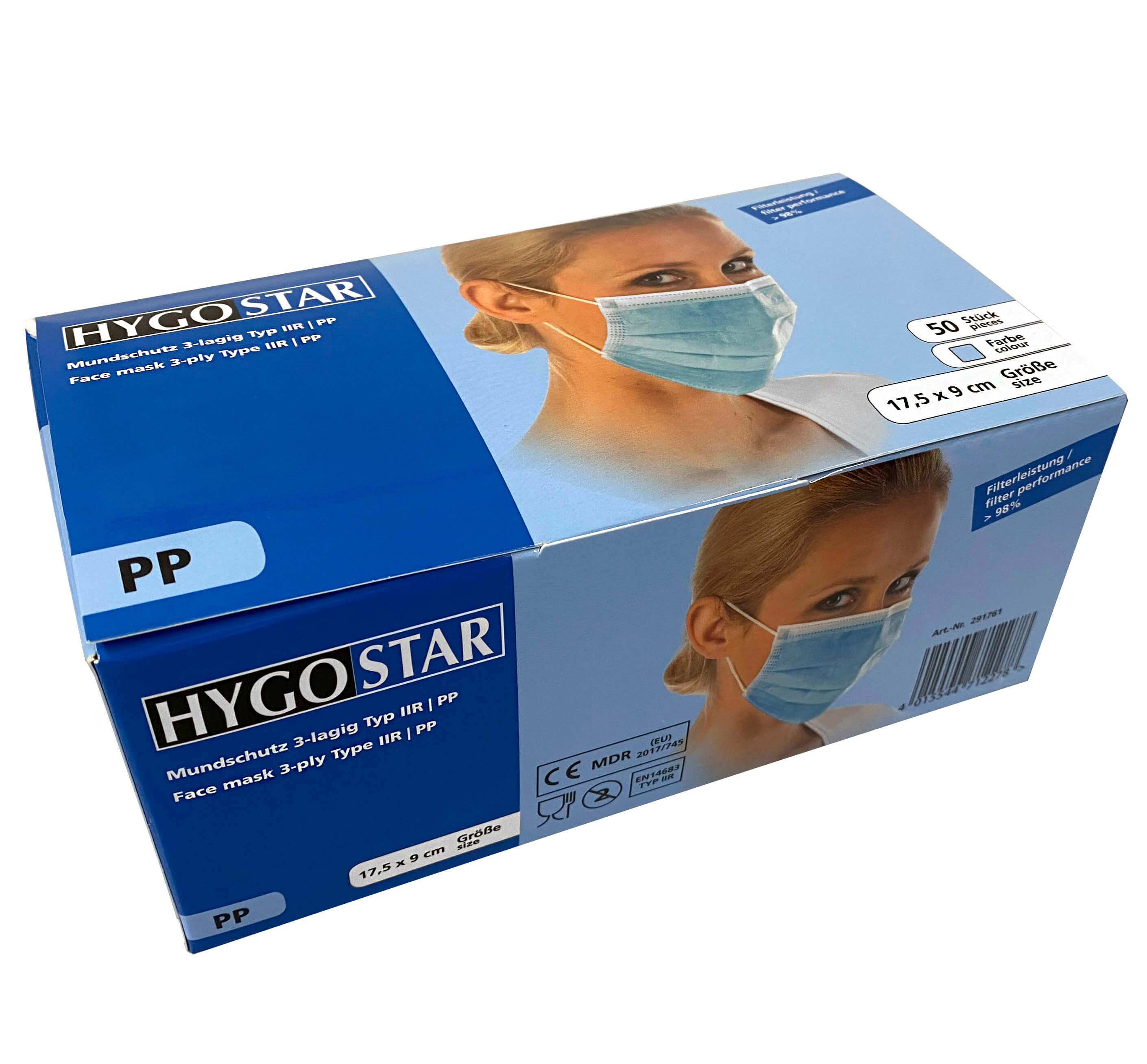 Face mask 3-ply, Type IIR (98%), PP - blue (50 pcs.)