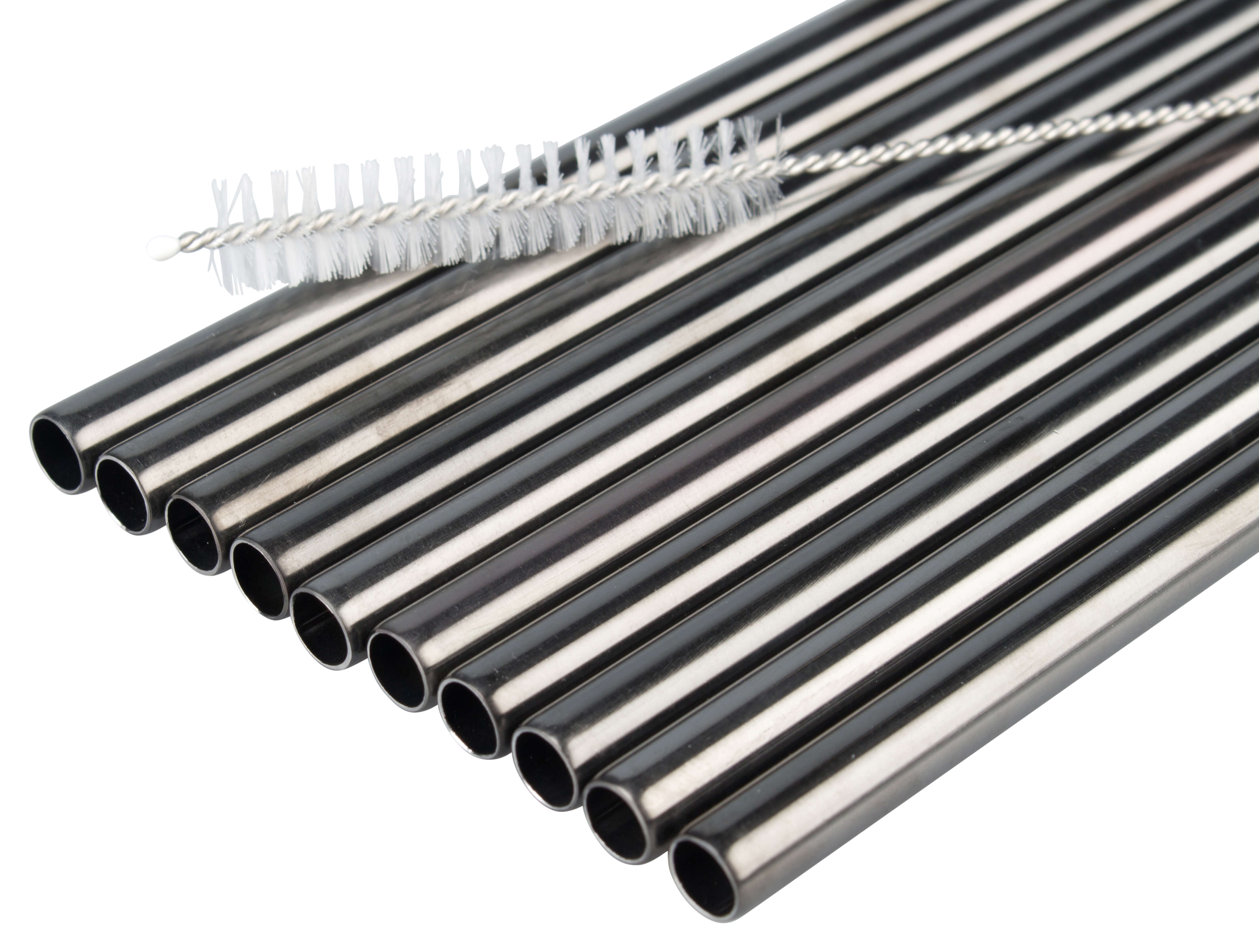 Drinking straws, stainless steel (8x215mm), gunmetal black - 10 pcs. plus cleaning brush