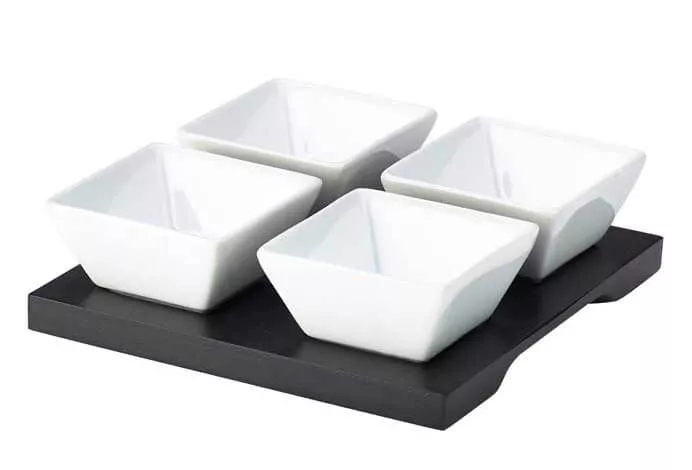 Wooden tray with four dipping bowls - 15x15cm (4 Sets) Wooden tray with four dipping bowls - 15x15cm (4 Sets)