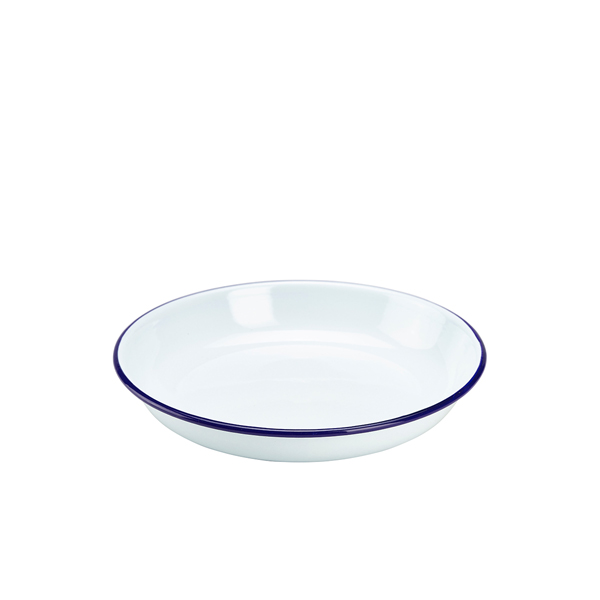 Enamel plate deep / Pasta plate, white with blue rim - 22cm