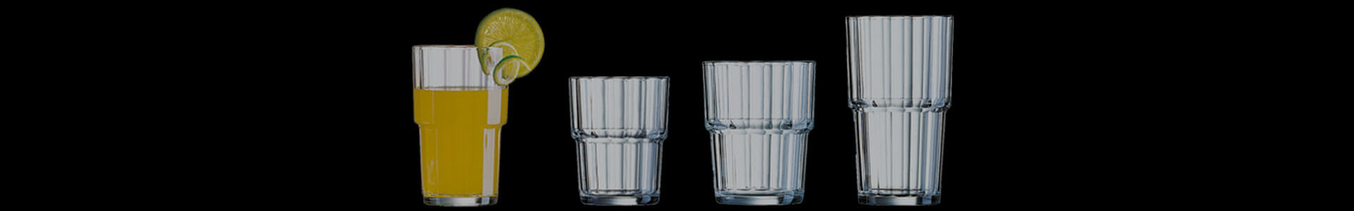 Glasses from the Norvege series by Arcoroc in various sizes.