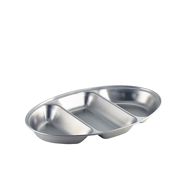 Three Division Oval Vegetable Dish, Stainless Steel - 35x21cm