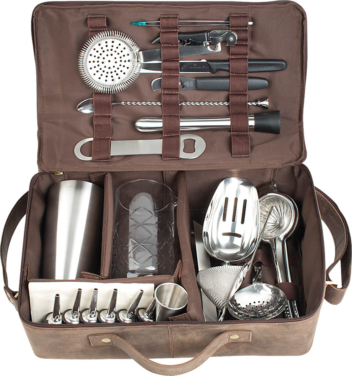 Bartender kit, Prime Bar - brown leather bag with bar tools (deluxe)