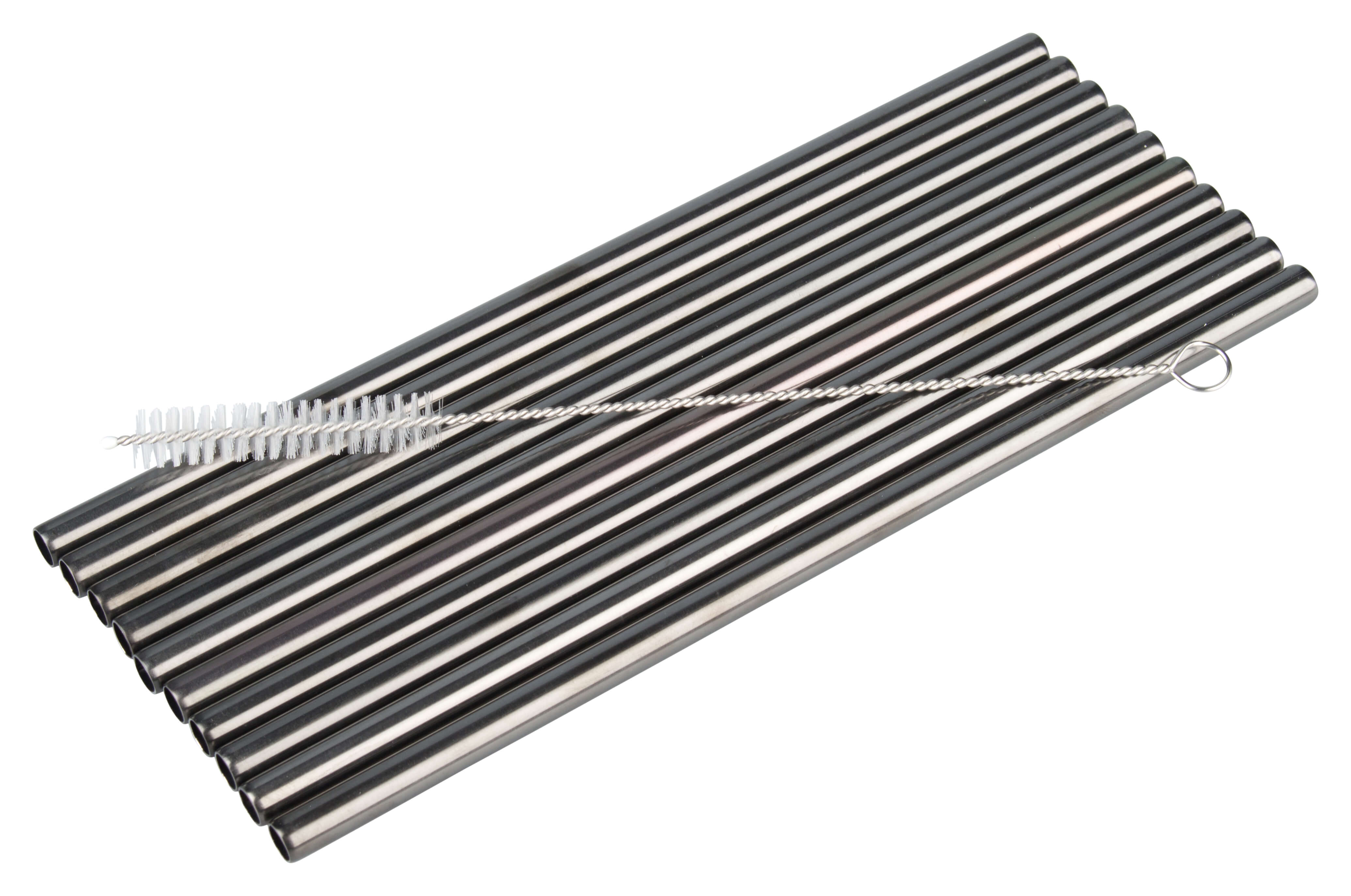 Drinking straws, stainless steel (8x215mm), gunmetal black - 10 pcs. plus cleaning brush