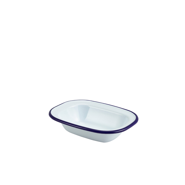 Enamel bowl rectangular, white with blue rim - 16x12cm (12 pcs.) Enamel bowl rectangular, white with blue rim - 16x12cm (12 pcs.)