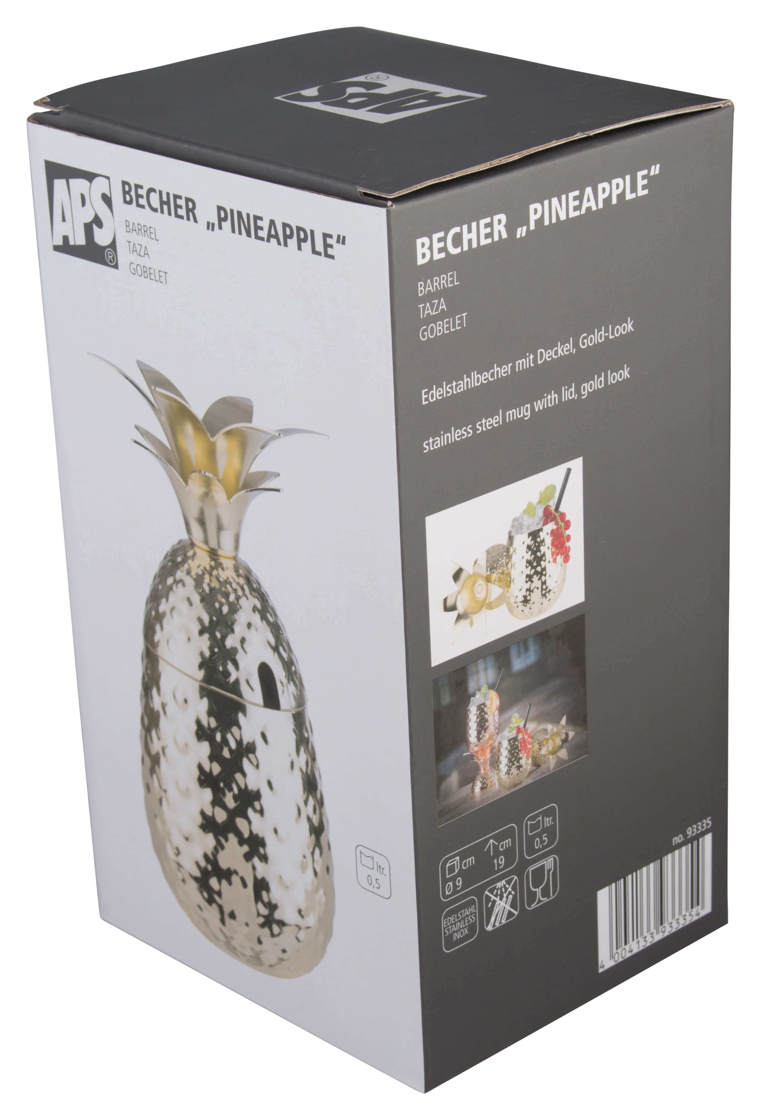 Stainless steel mug 'pineapple', with lid, gold look - 500ml