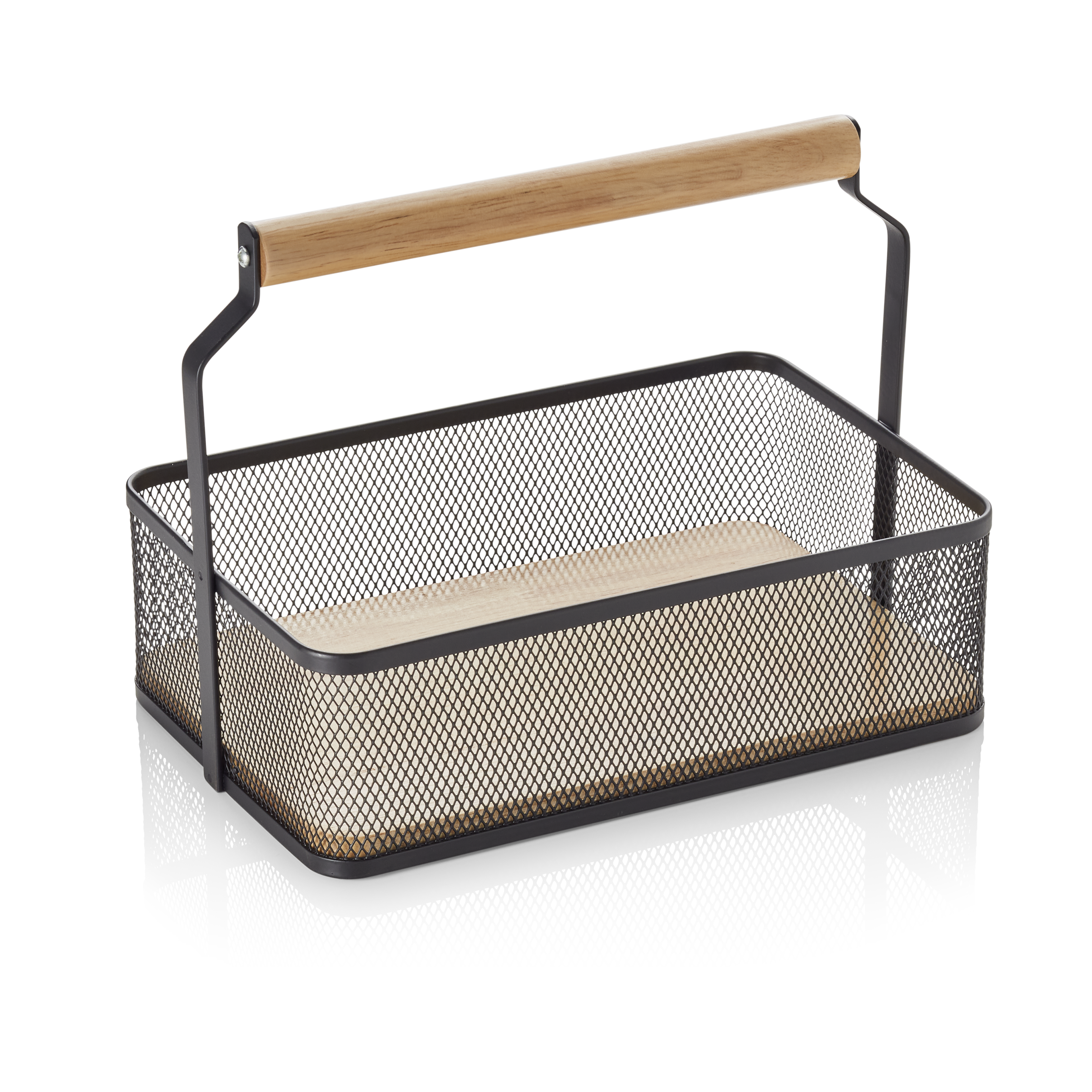 Table Caddy / metal basket with wooden handle, 23.5x15.6x7.5cm - black