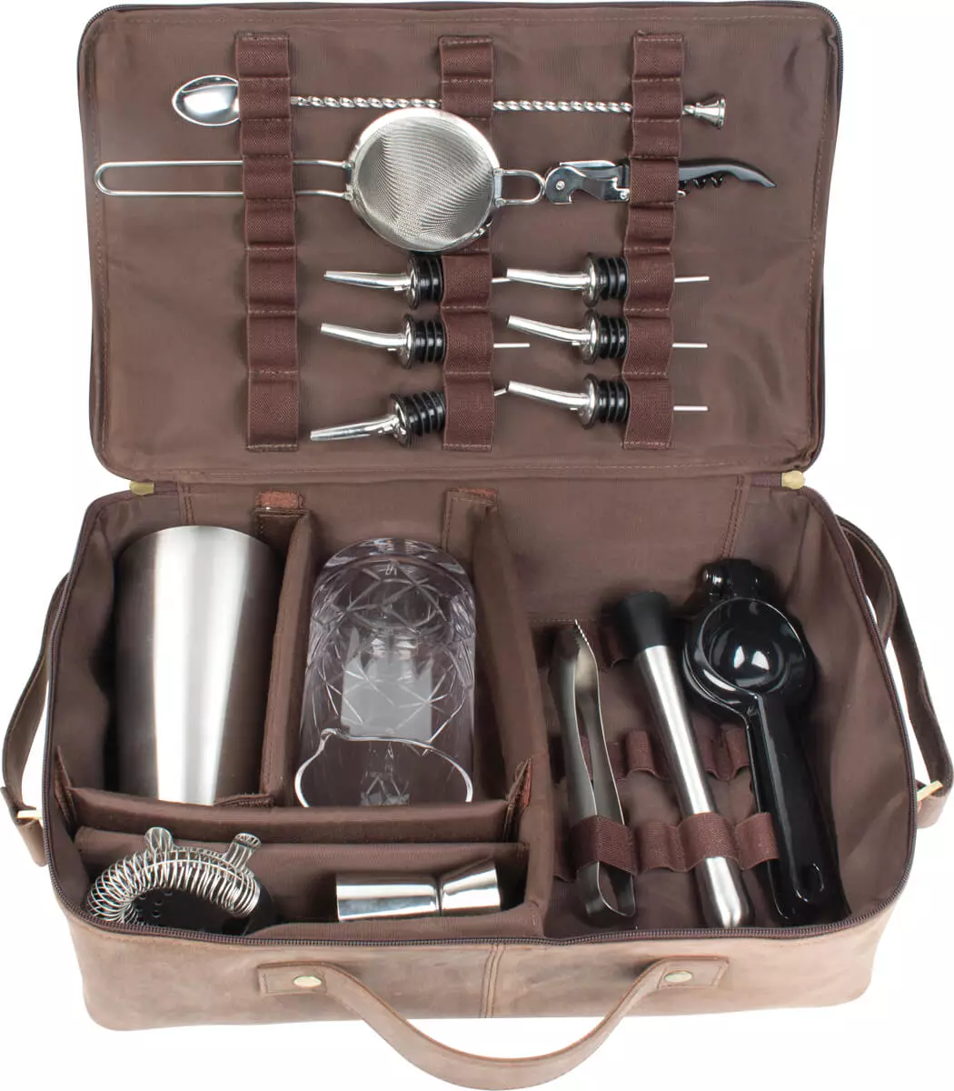 Bartender kit, Prime Bar - brown leather bag with bar tools (basic) Bartender kit, Prime Bar - brown leather bag with bar tools (basic)