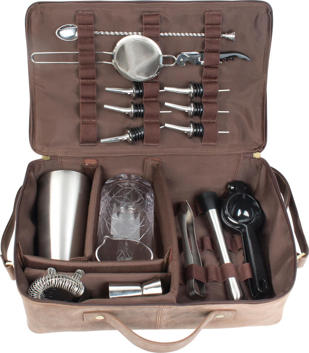 Bartender kit, Prime Bar - brown leather bag with bar tools (basic)