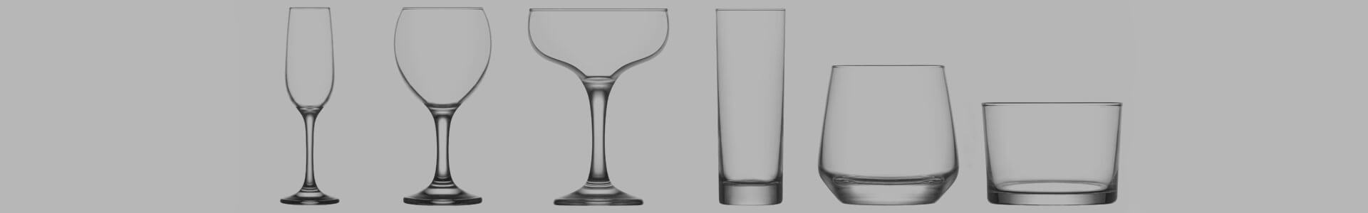 Six different cocktail glasses and beakers by manufacturer LAV are standing next to each other.