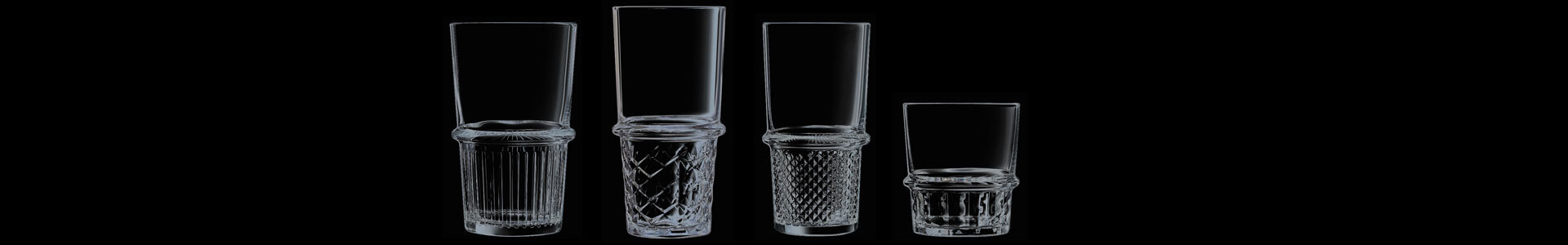 New York long drink glasses from Arcoroc against a black background.