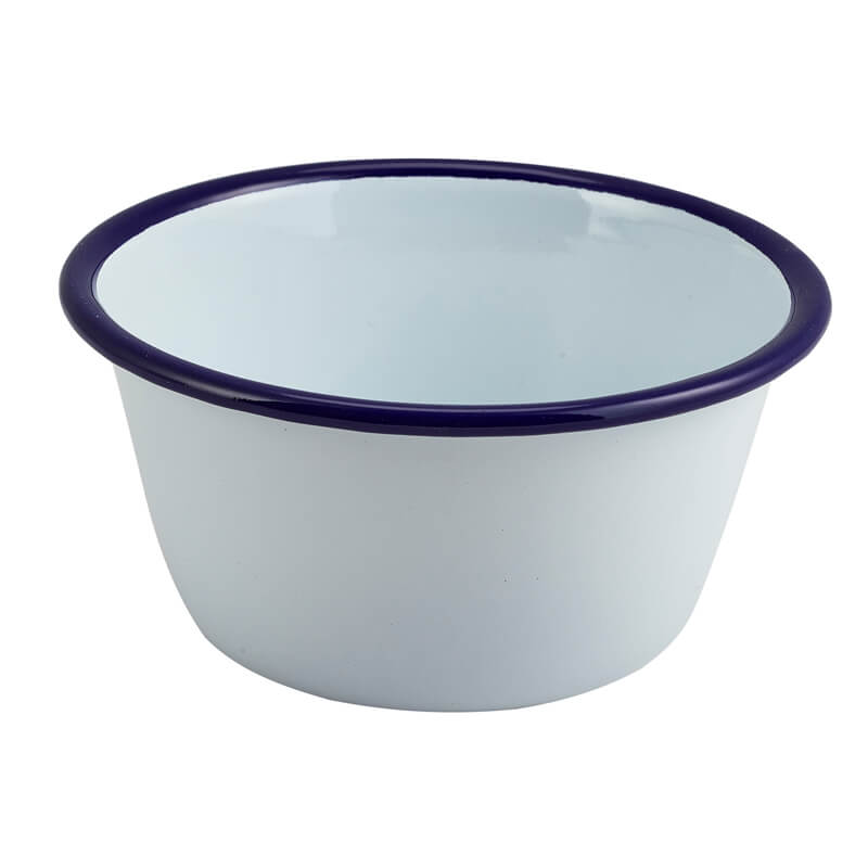 Enamel ramekin, white with blue rim - 500ml (12 pcs.) Enamel ramekin, white with blue rim - 500ml (12 pcs.)