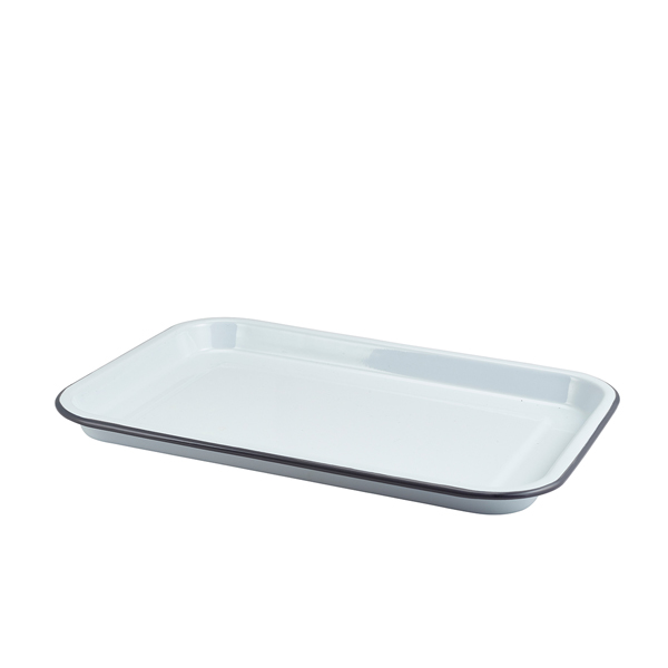 Enamel plate rectangular, white with gray rim - 33,5x23,5x2,2cm Enamel plate rectangular, white with gray rim - 33,5x23,5x2,2cm