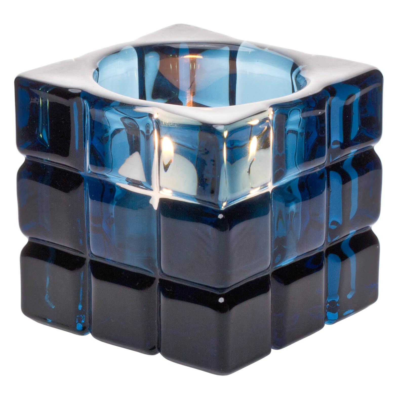Tealight holder, cube pattern, square - blue