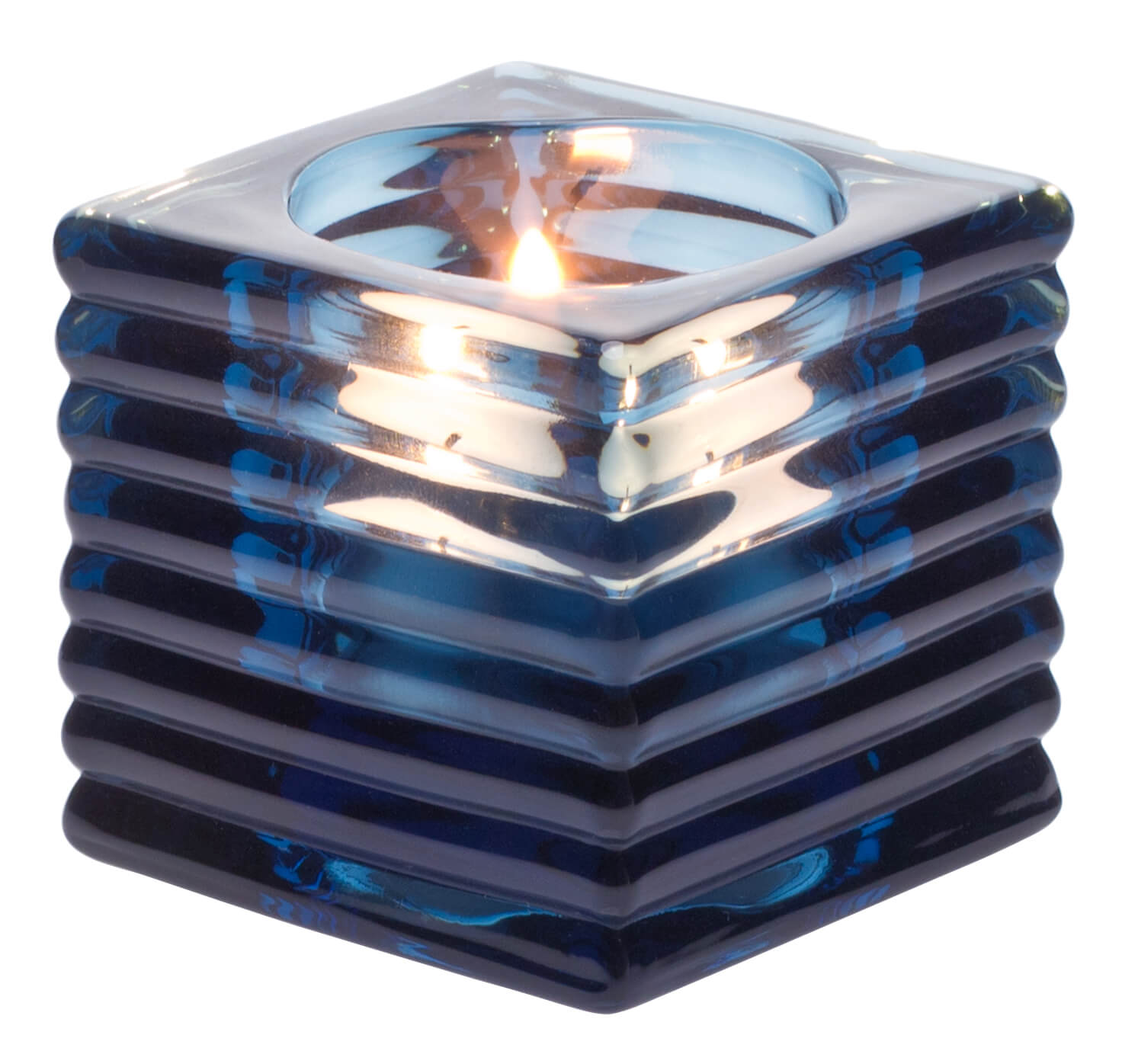 Tealight holder, striped pattern, square - blue