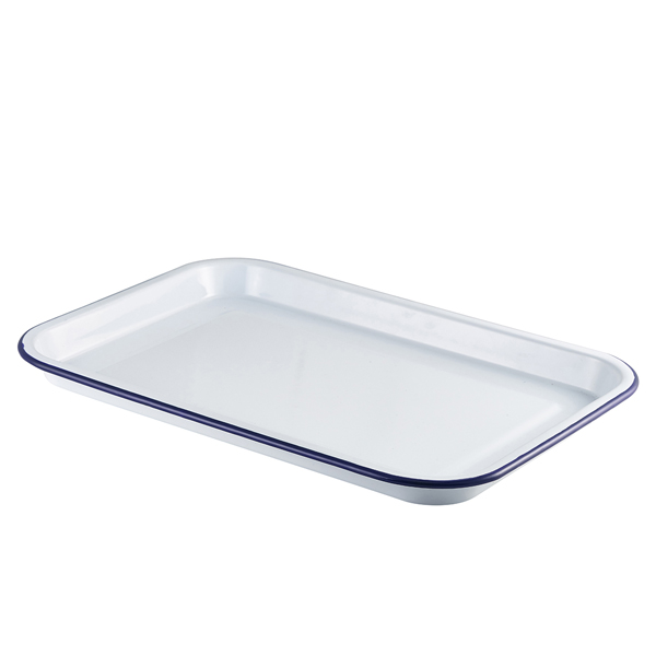 Enamel plate rectangular, white with blue rim - 38,2x26,4x2,2cm Enamel plate rectangular, white with blue rim - 38,2x26,4x2,2cm
