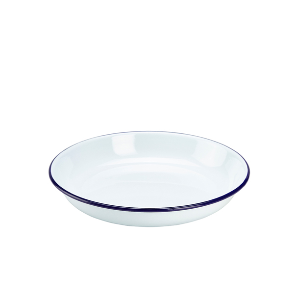 Enamel plate deep / Pasta plate, white with blue rim - 24cm Enamel plate deep / Pasta plate, white with blue rim - 24cm