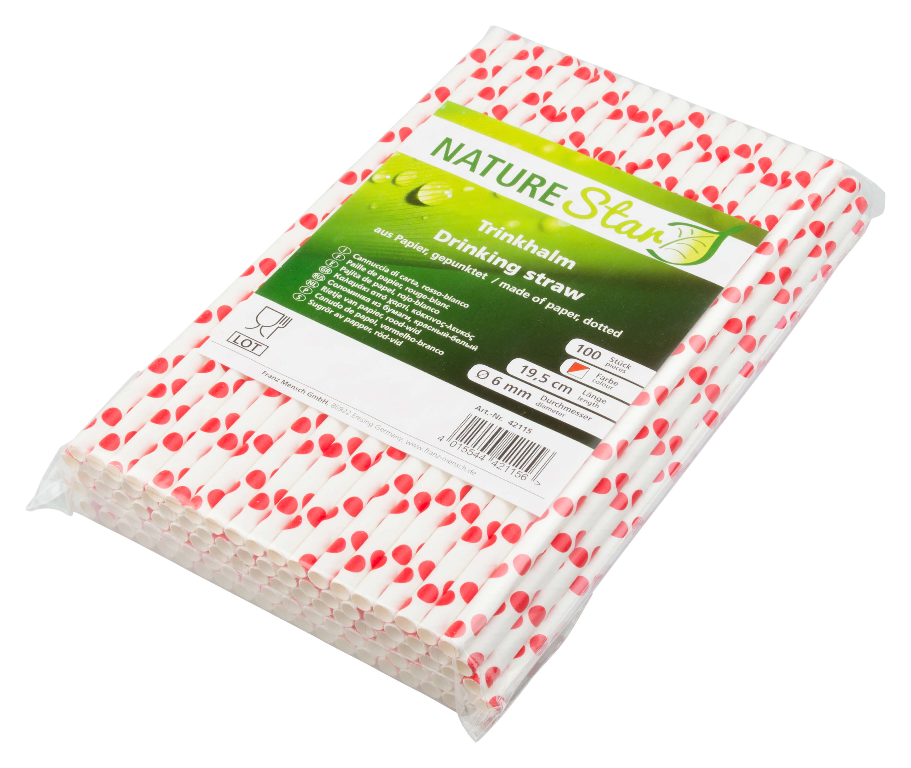 ECO Drinking straws, paper (195x6mm), spots (red-white) - 100 pcs.