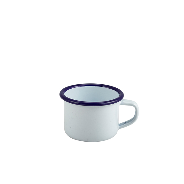 Enamel mug with handle, white with blue rim - 120ml Enamel mug with handle, white with blue rim - 120ml