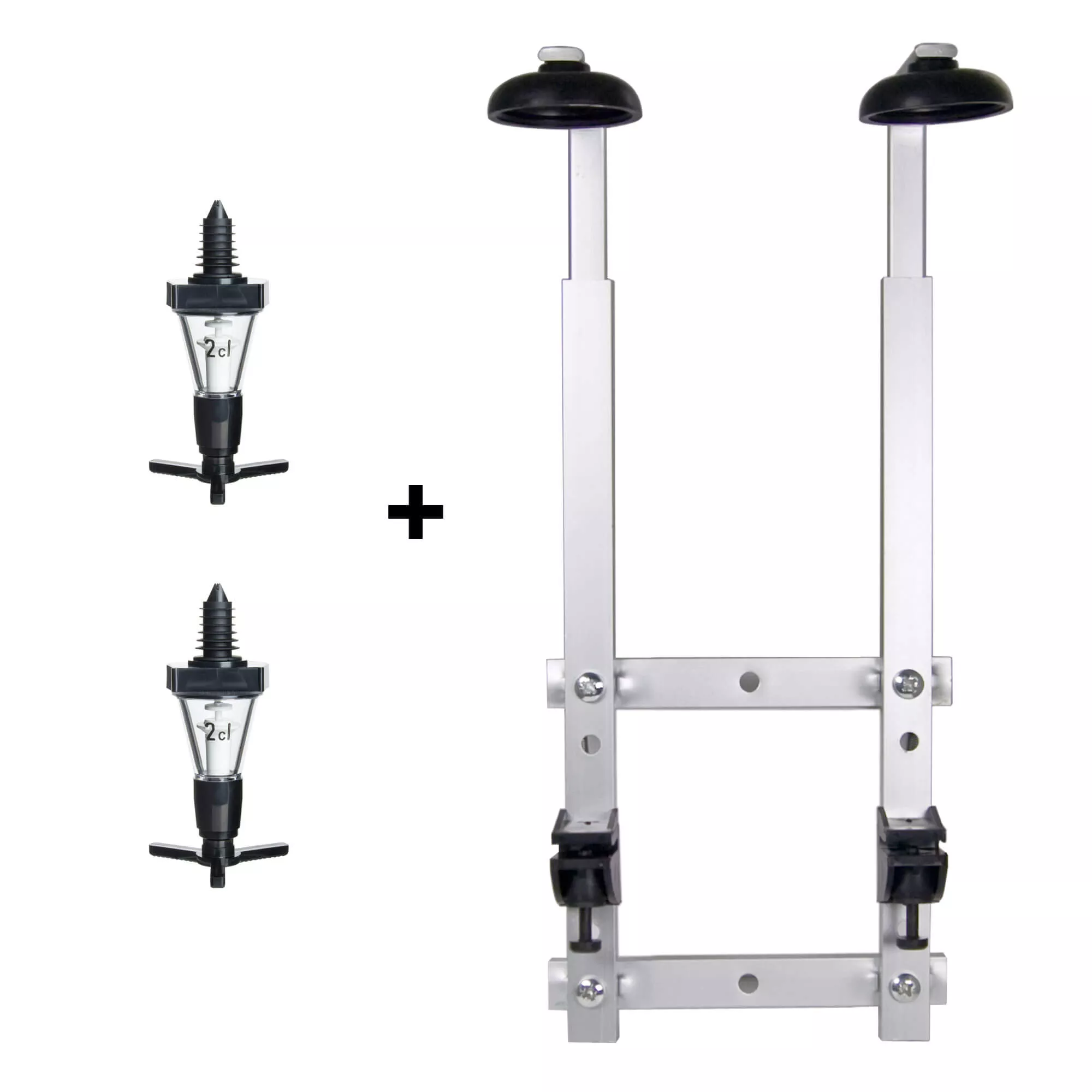 Double Bottle Holder with 2x 2cl pourers - set (wall mount) Double Bottle Holder with 2x 2cl pourers - set (wall mount)