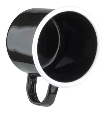 Enamel mug with handle, black with white rim - 360ml Enamel mug with handle, black with white rim - 360ml