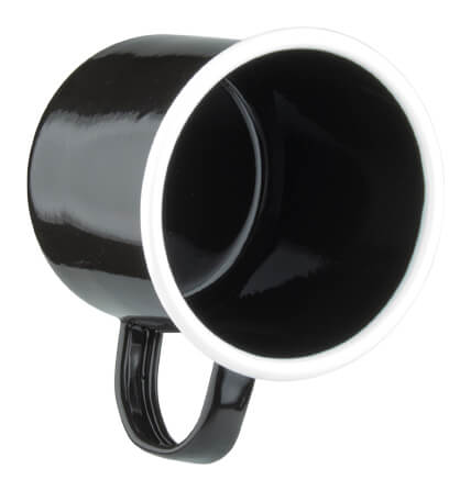 Enamel mug with handle, black with white rim - 360ml