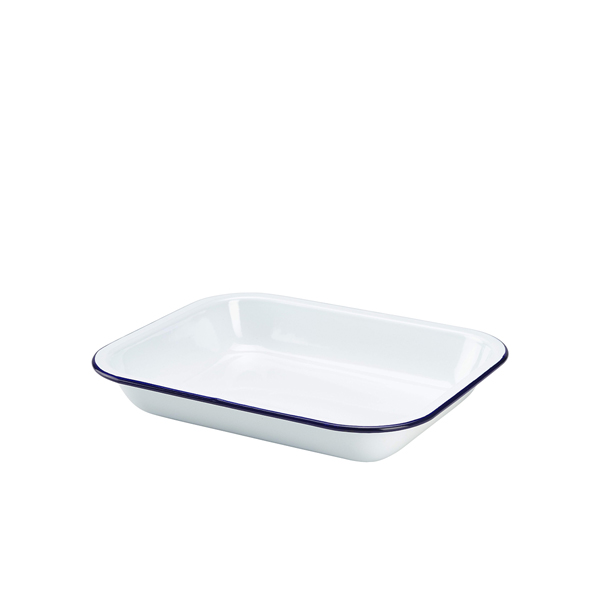 Enamel Baking Tray, white with blue rim - 28 x 23 x 4,5 cm Enamel Baking Tray, white with blue rim - 28 x 23 x 4,5 cm