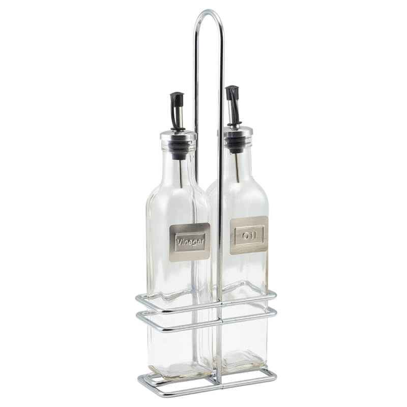 Oil & vinegar glass containers with chrome stand Oil & vinegar glass containers with chrome stand