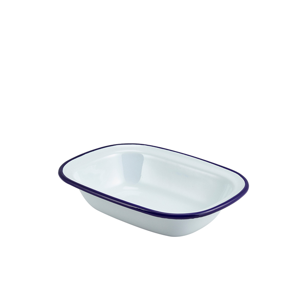 Enamel bowl rectangular, white with blue rim - 20 x 15 x 4,5 cm (12 pcs.)