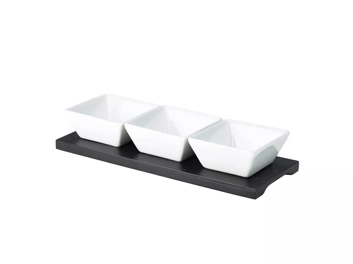 Dip tray with 3 dip bowls - 27x10cm (4 sets) Dip tray with 3 dip bowls - 27x10cm (4 sets)