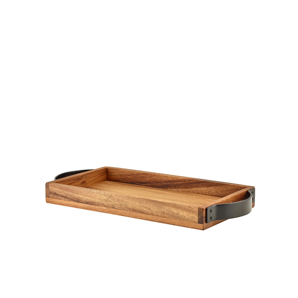 Serving tray with metal handles, acacia wood - 32,5x17,5cm (GN 1/3)