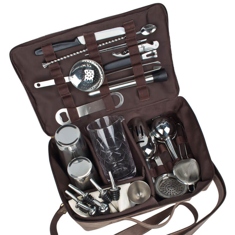 Bartender kit, Prime Bar - brown leather bag with bar tools (Tin in Tin)