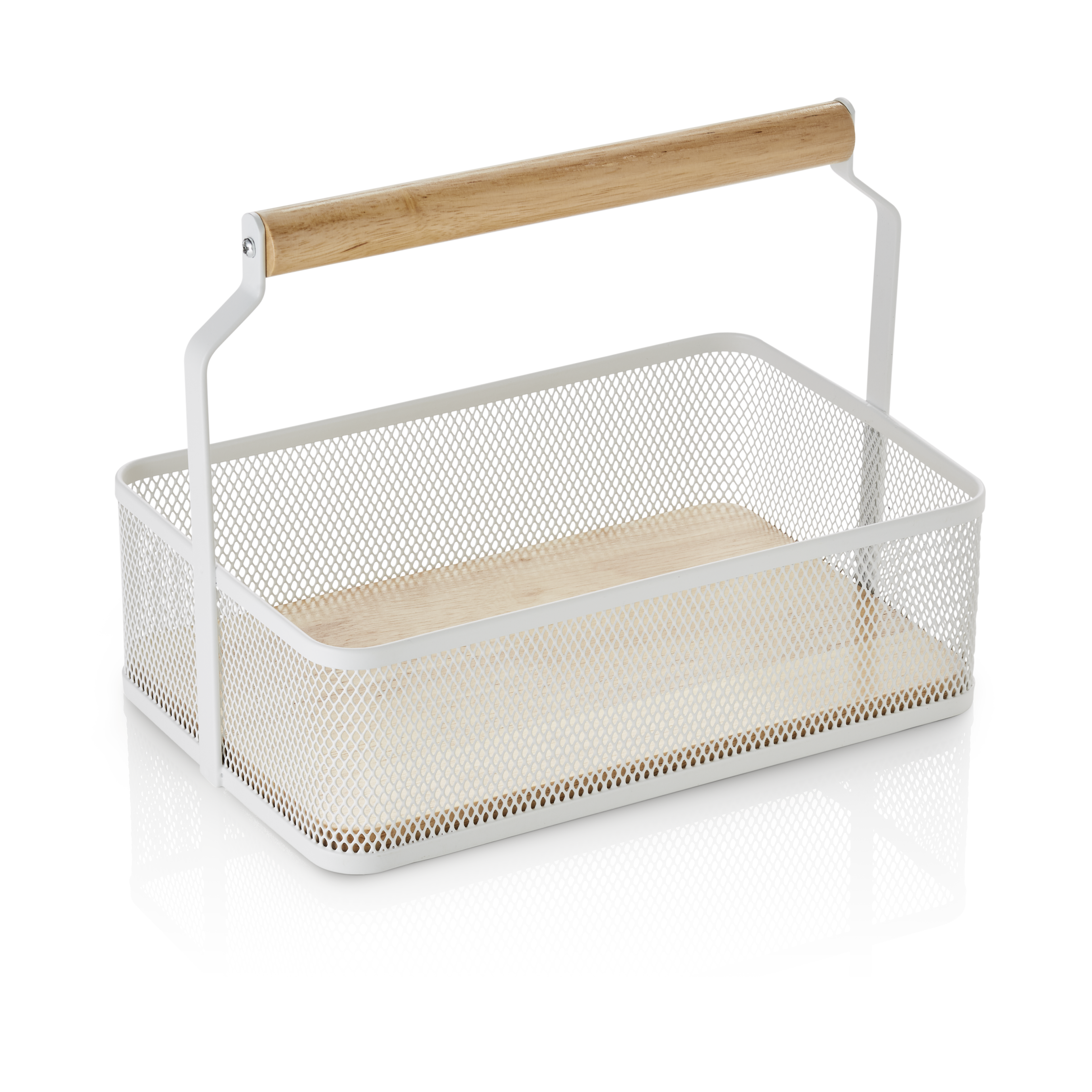 Table Caddy / metal basket with wooden handle, 23,5 x 15,6 x 7,5 cm - white