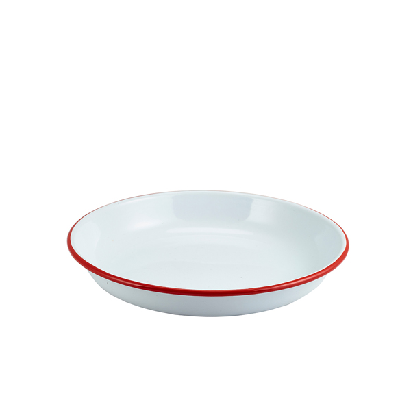 Enamel plate deep / Pasta plate, white with red rim - 24cm Enamel plate deep / Pasta plate, white with red rim - 24cm