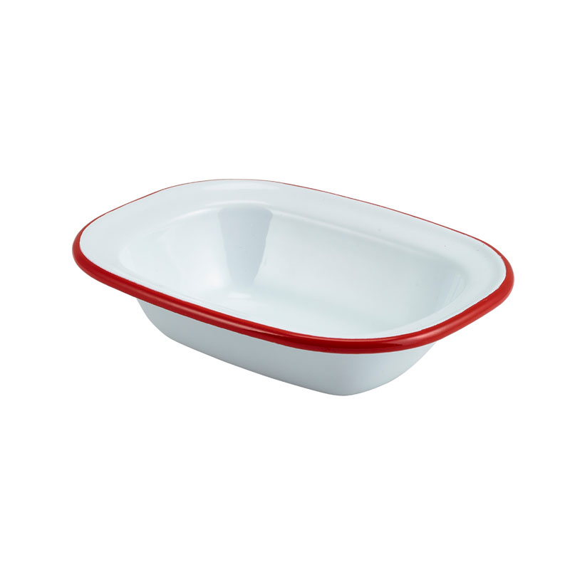 Enamel bowl rectangular, white with red rim - 16 x 12 x 3,5 cm (12 pcs.)