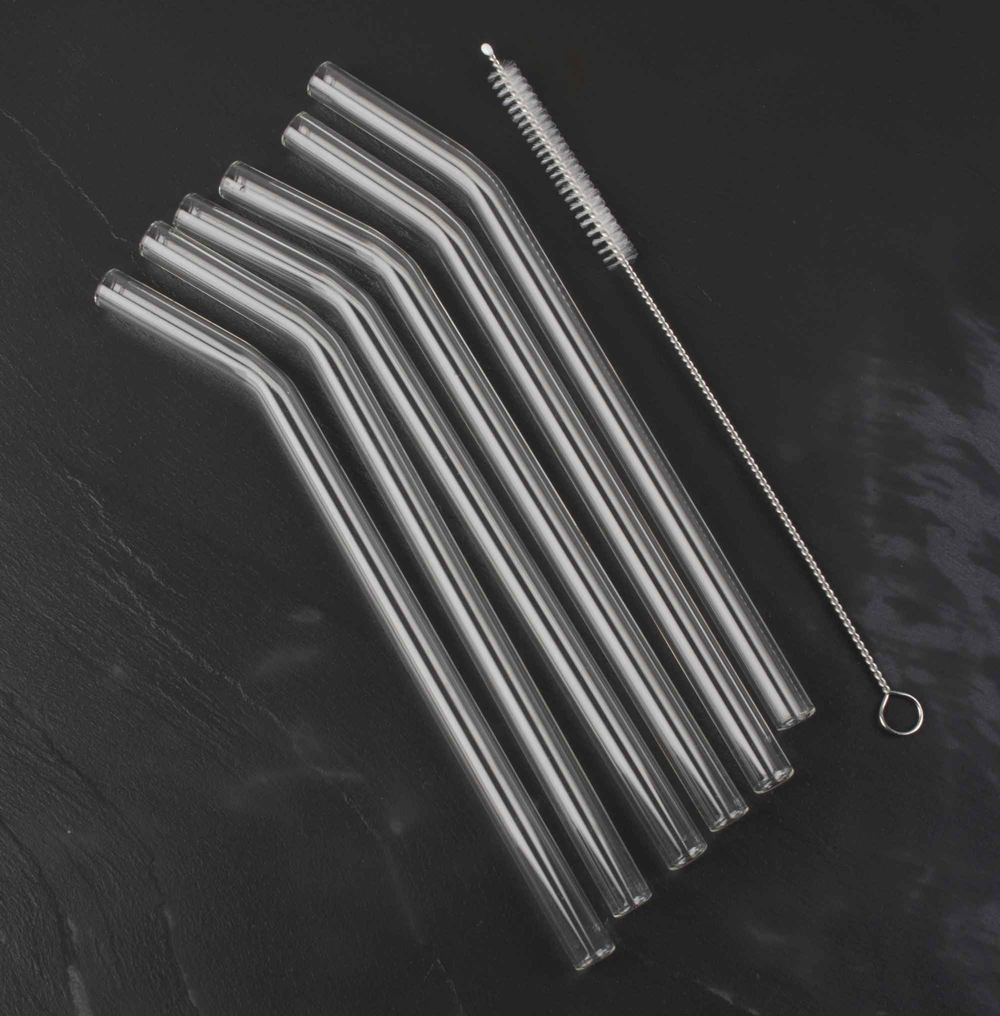 Glass drinking straws, bent, 200x10mm (6 pcs. + cleaning brush)