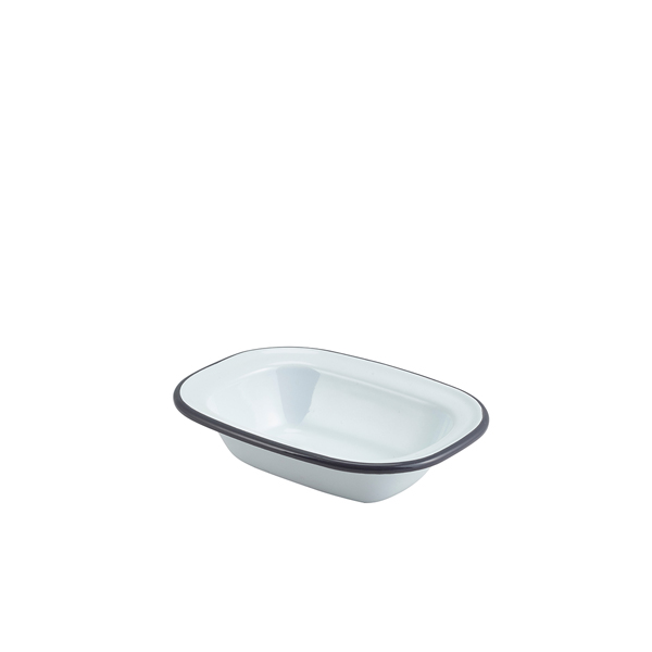 Enamel bowl rectangular, white with gray rim - 16 x 12 x 3,5 cm (12 pcs.) Enamel bowl rectangular, white with gray rim - 16 x 12 x 3,5 cm (12 pcs.)