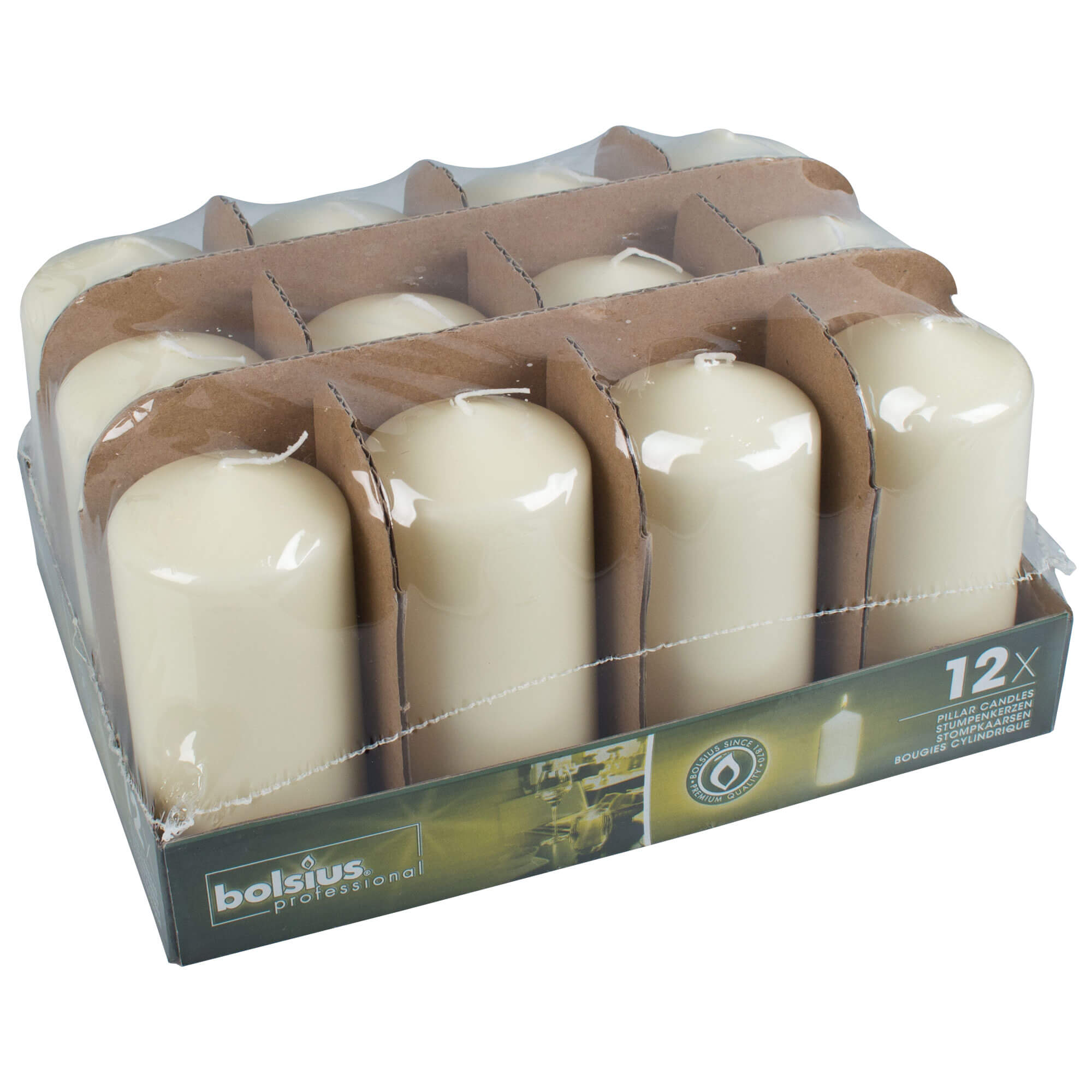 Pillar candles, Bolsius, 30 hours - ivory colored (12 pcs.)