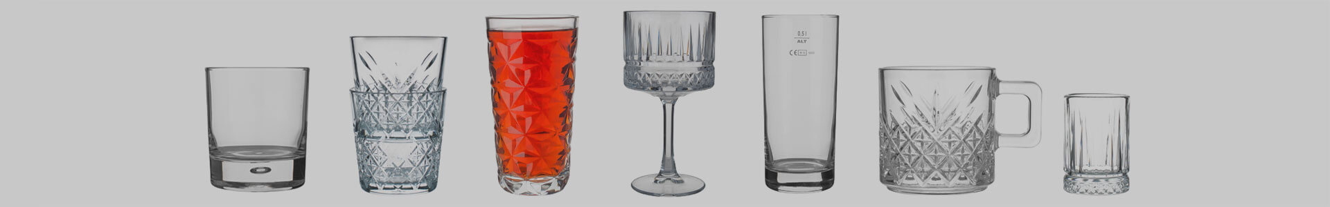 Various glasses from the manufacturer Pasabahce stand next to each other.