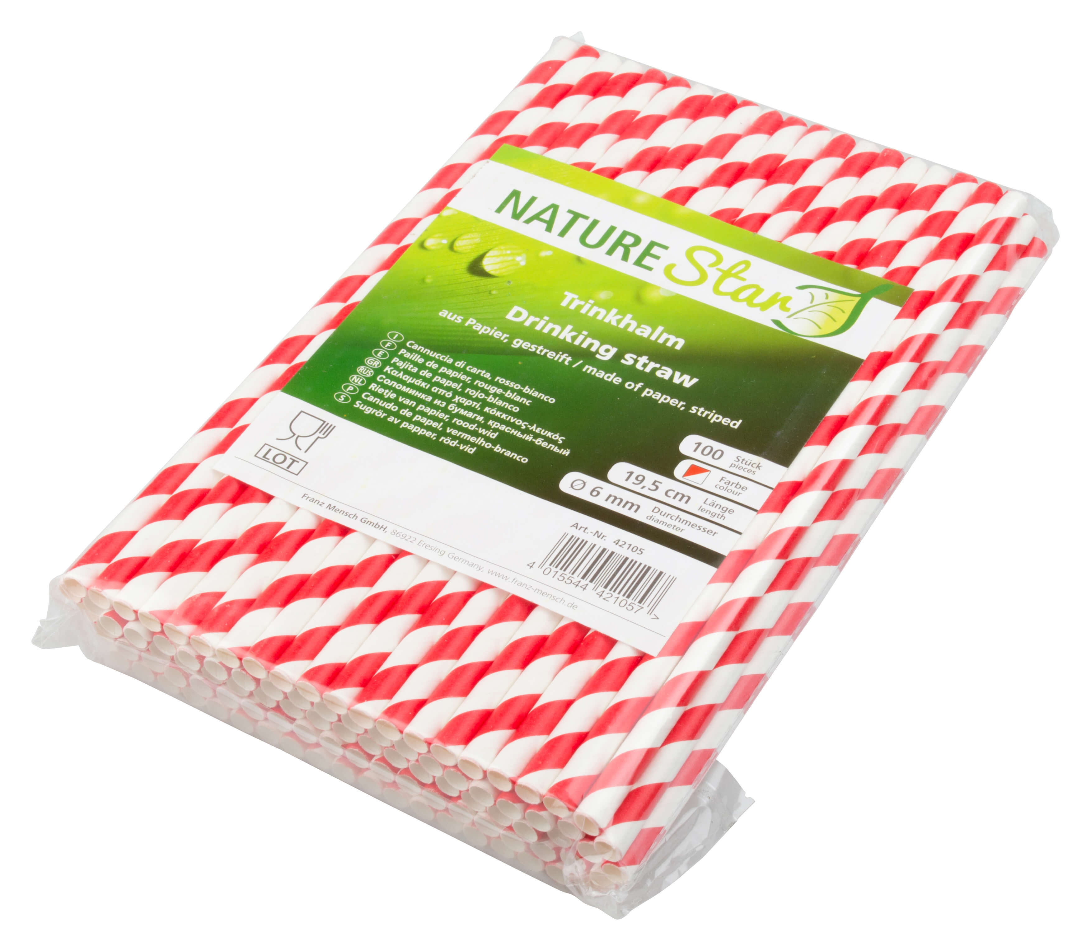 Drinking Straws, Paper (6x195mm) - red-white stripes (100 pcs.)