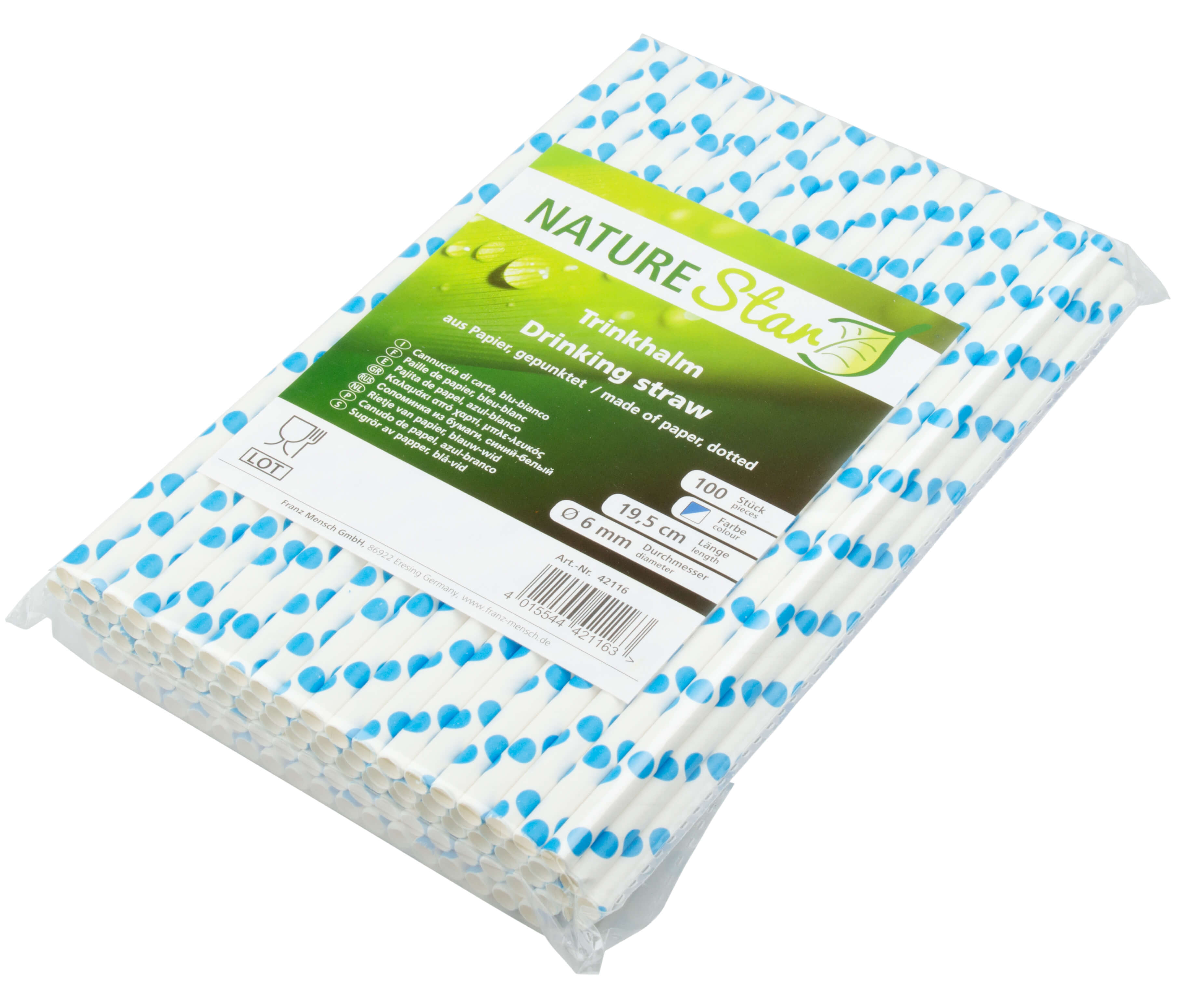 ECO Drinking straws, paper (195x6mm), spots (blue-white) - 100 pcs.