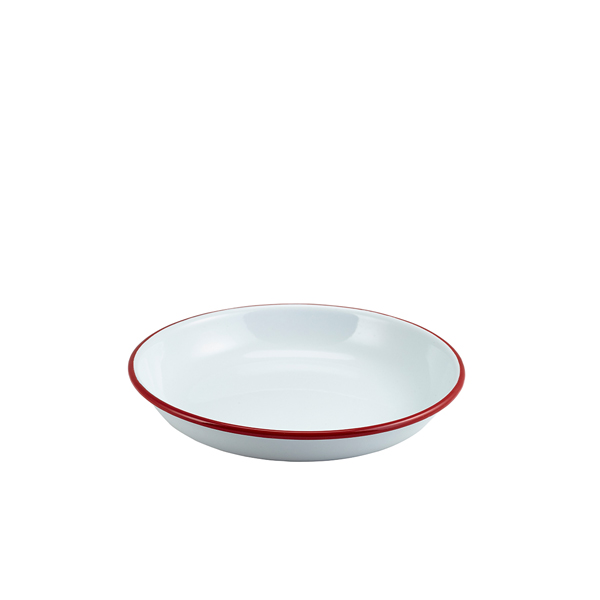 Enamel plate deep / Pasta plate, white with red rim - 20cm Enamel plate deep / Pasta plate, white with red rim - 20cm